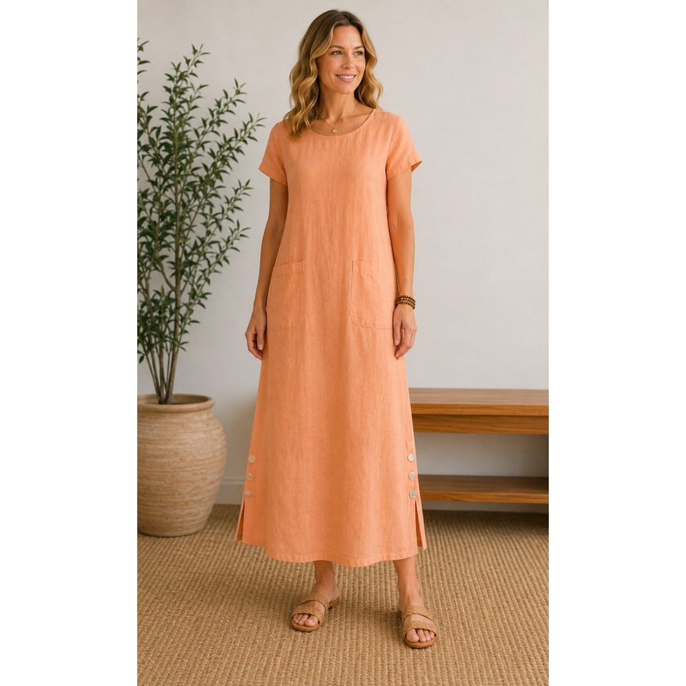 Vintage Coldwater‎ Creek Linen Shift Dress Petite Small Orange Pockets Maxi
